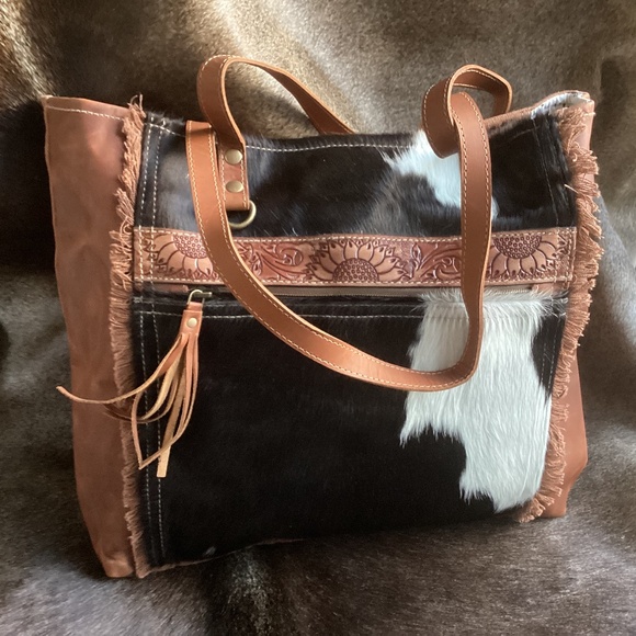 Myra Bag Handbags - Myra Bag Big Hair Hide Tooled Leather Canvas Tote Handbag